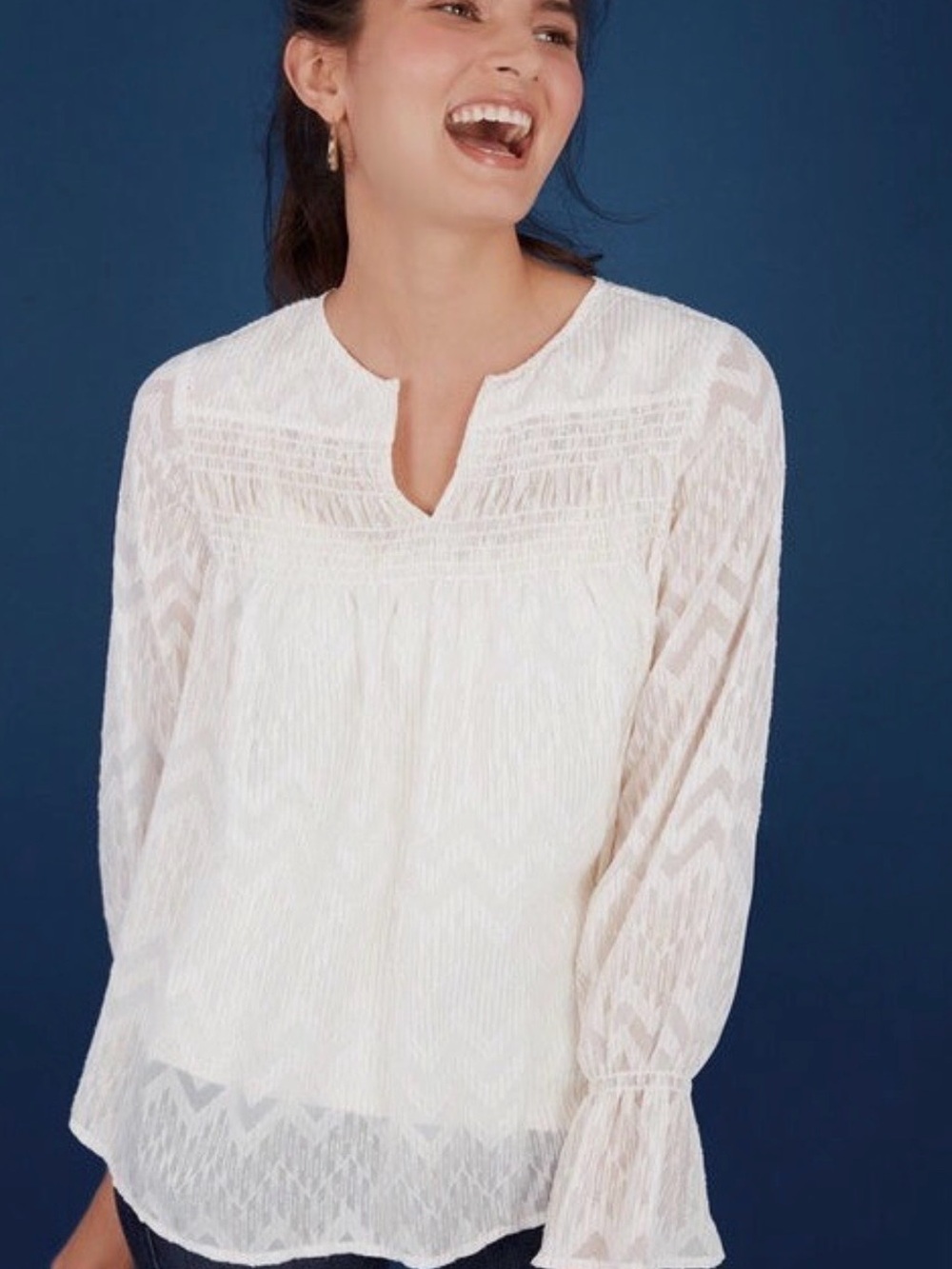 Maette by Stella & Dot Lyla Smocked Chevron Metallic Blouse (1X)